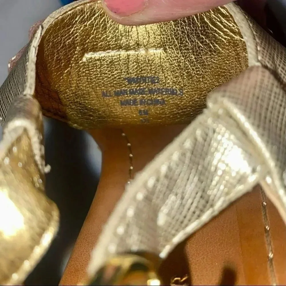 Tommy Hilfiger Wedge Sandals 8M Gold Cork Platform Thong‎ Slingback Buckle